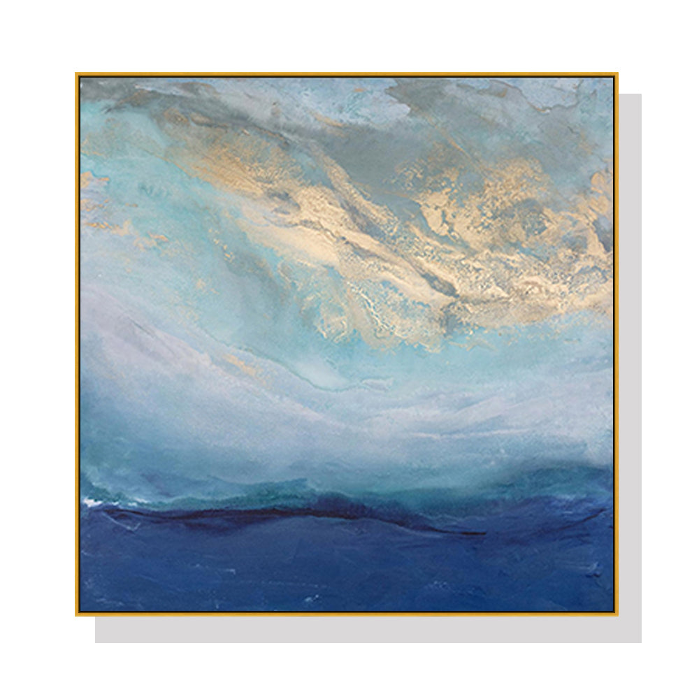WALL ART 60CMX60CM ABSTRACT GOLD BLUE SQUARE SIZE GOLD FRAME CANVAS