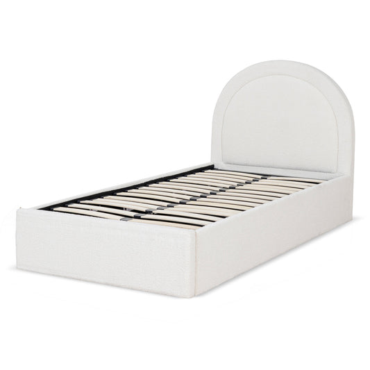 CBD8364 YO SINGLE SIZED BED FRAME ANTIQUE WHITE BOUCLE WITH STORAGE