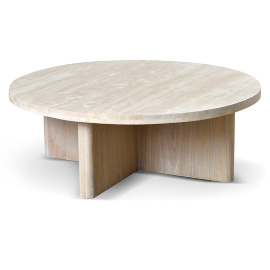 CCF8666 NI TRAVERTINE MARBLE 100CM ROUND COFFEE TABLE WHITE WASH