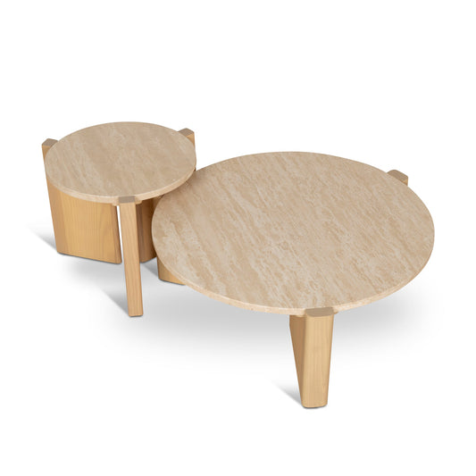 CCF8743 KK TRAVERTINE TOP ROUND NESTED TABLE CREME ASH