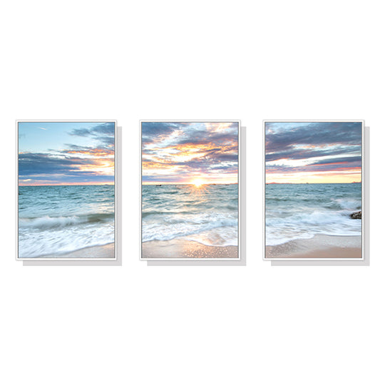 WALL ART 60CMX90CM SUNRISE BY THE OCEAN 3 SETS WHITE FRAME CANVAS