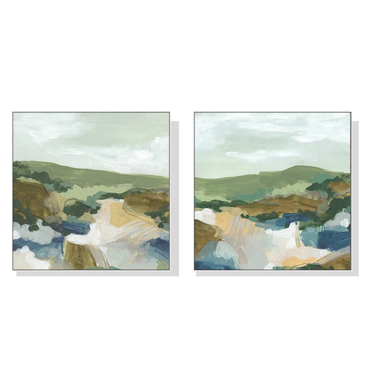 WALL ART 100CMX100CM ABSTRACT LANDSCAPE 2 SETS WHITE FRAME CANVAS