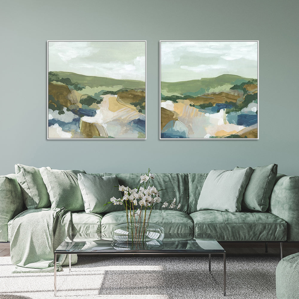 WALL ART 100CMX100CM ABSTRACT LANDSCAPE 2 SETS WHITE FRAME CANVAS
