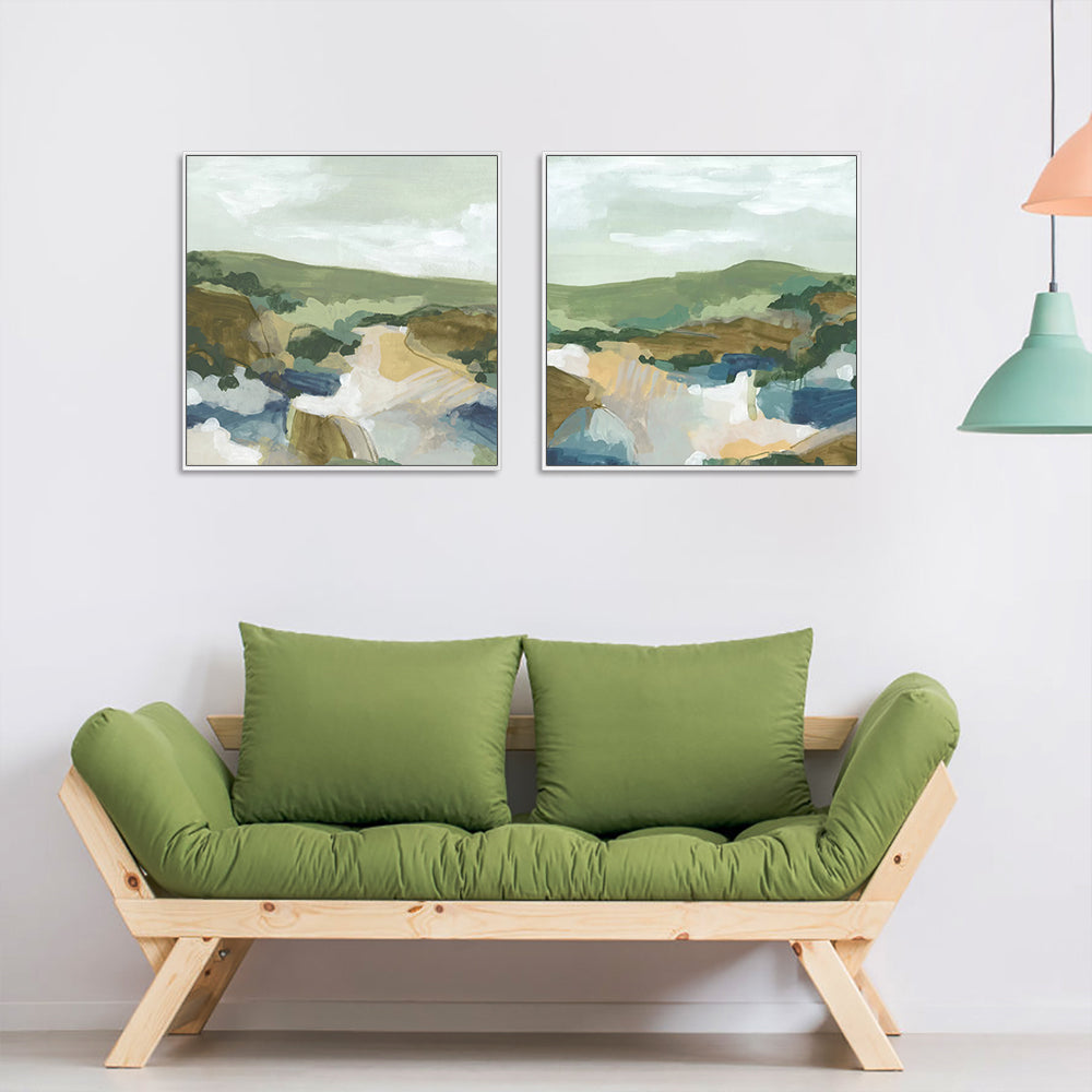 WALL ART 100CMX100CM ABSTRACT LANDSCAPE 2 SETS WHITE FRAME CANVAS