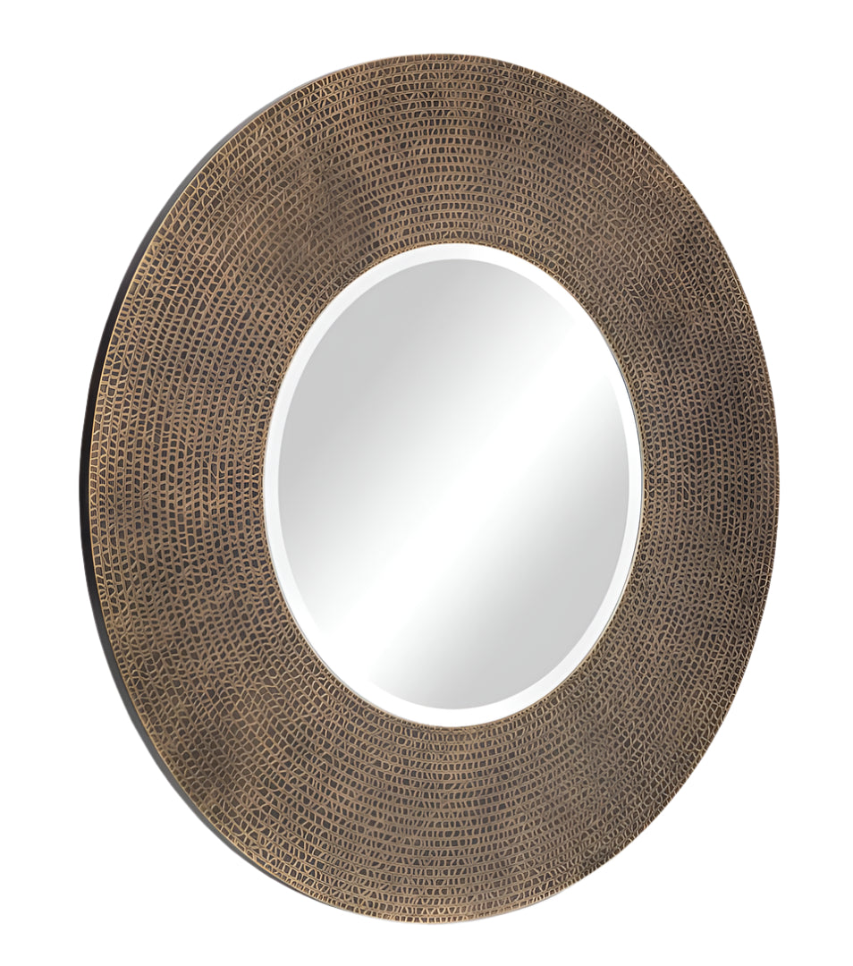 ROUND WALL MIRROR WITH CROC PATTERN FRAME IN GOLD BLACK FINISH