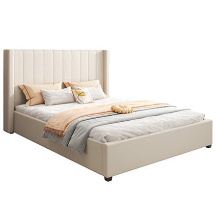 ALEXA KING SIZE HIGH RISE HEADBOARD LINEN BEIGE FABRIC FOUR MDF DRAWERS WITH WHEELS BED FRAME
