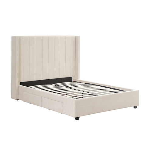 ALEXA KING SIZE HIGH RISE HEADBOARD LINEN BEIGE FABRIC FOUR MDF DRAWERS WITH WHEELS BED FRAME