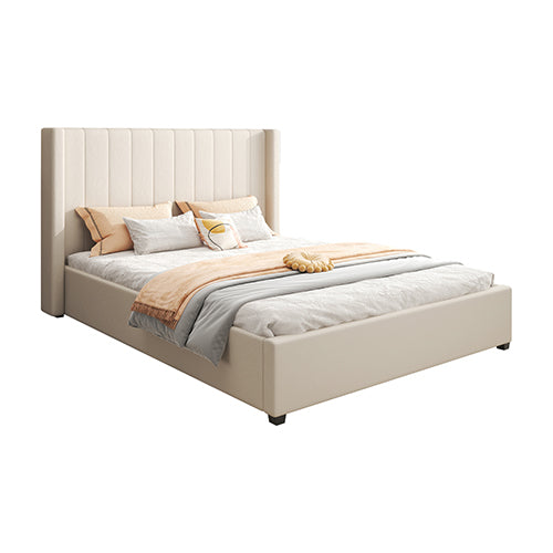 ALEXA QUEEN SIZE HIGH RISE HEADBOARD LINEN BEIGE FABRIC FOUR MDF DRAWERS WITH WHEELS BED FRAME