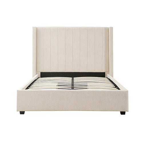 ALEXA QUEEN SIZE HIGH RISE HEADBOARD LINEN BEIGE FABRIC FOUR MDF DRAWERS WITH WHEELS BED FRAME