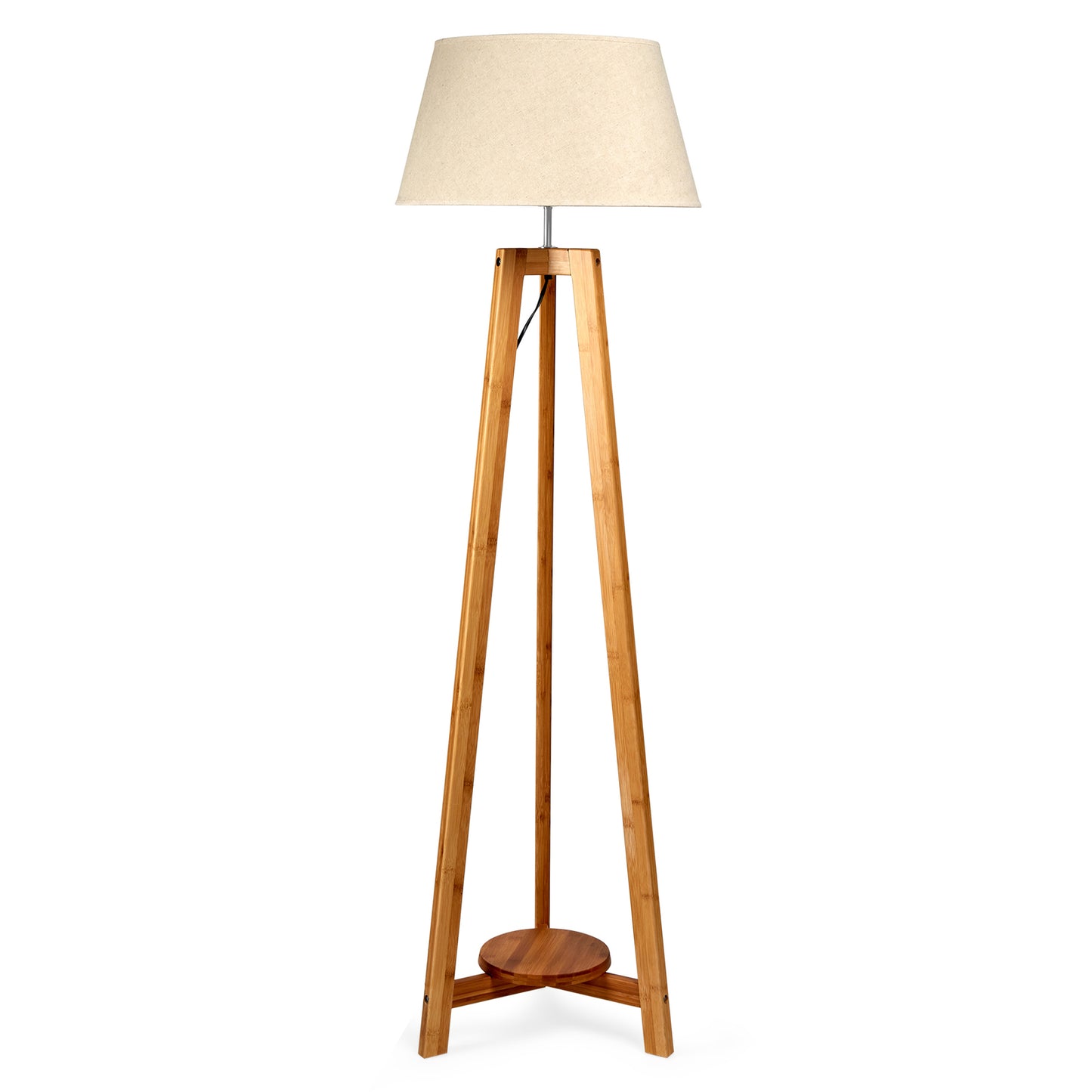 155CM LARGE BAMBOO WOODEN TRIPOD FLOOR LAMP W BEIGE LINEN LIGHT SHADE
