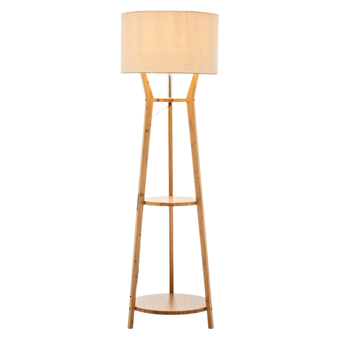 168cm Large Bamboo Wooden Tripod Floor Lamp Light Modern Linen Shade w Shelves