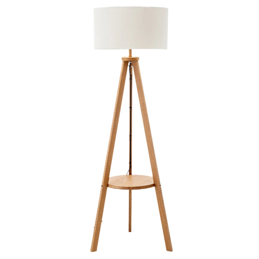 Natural Wooden Tripod Floor Lamp w/ Round Wood Shelf + Off White Linen Shade