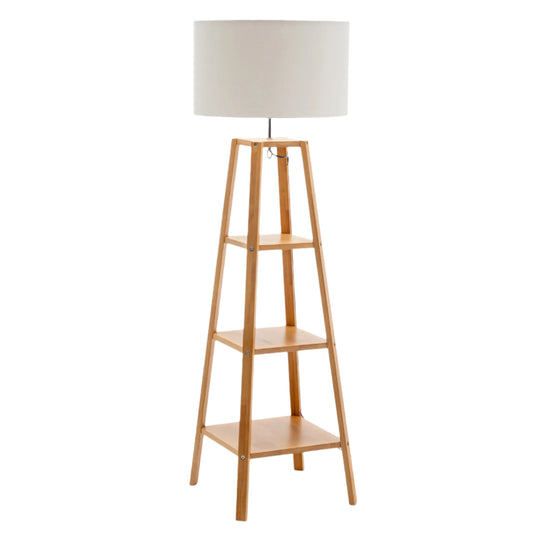 Eiffel 3 Tier Natural Wood Floor Lamp w/ Storage Shelves + Off White Linen Shade